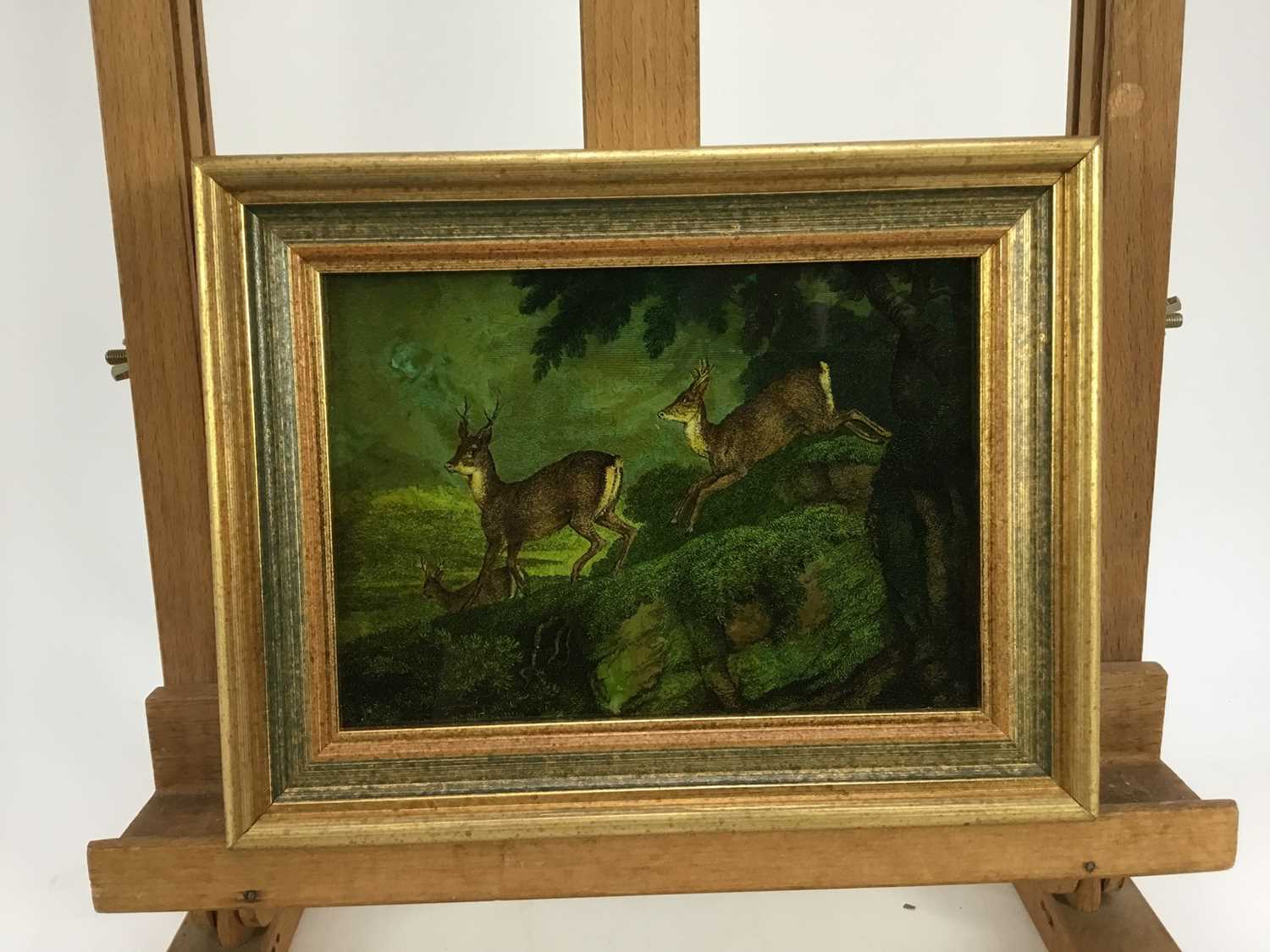 Jenny Simpson (1931-2020), Georgian-style glass pictures, framed and glazed - deer and a fox (3)