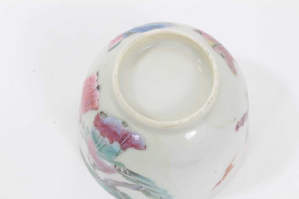 Chinese Qing porcelain 'trick cup' with famille rose figural decoration and flying bat, 8.7cm in dia - Image 6 of 6