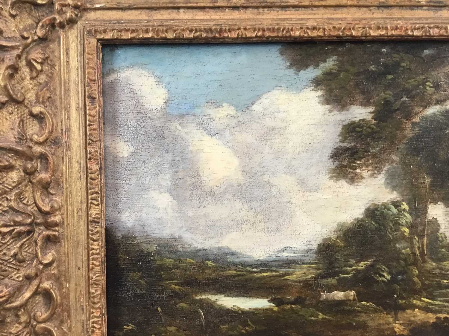 Manner of Thomas Gainsborough, oil on panel - cattle and figure in rural landscape, in gilt frame - Image 6 of 11