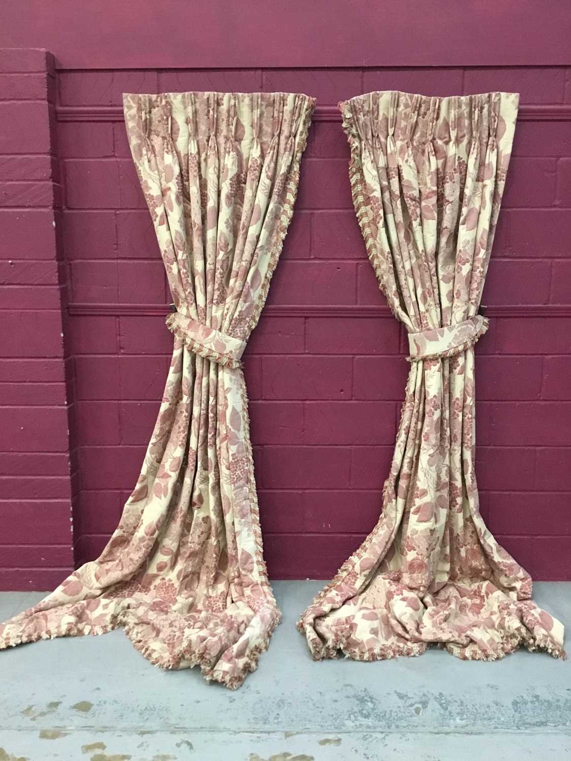 Two pairs of good quality interlined curtains with reddish pink floral design, approximately 294cm l