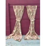 Two pairs of good quality interlined curtains with reddish pink floral design, approximately 294cm l