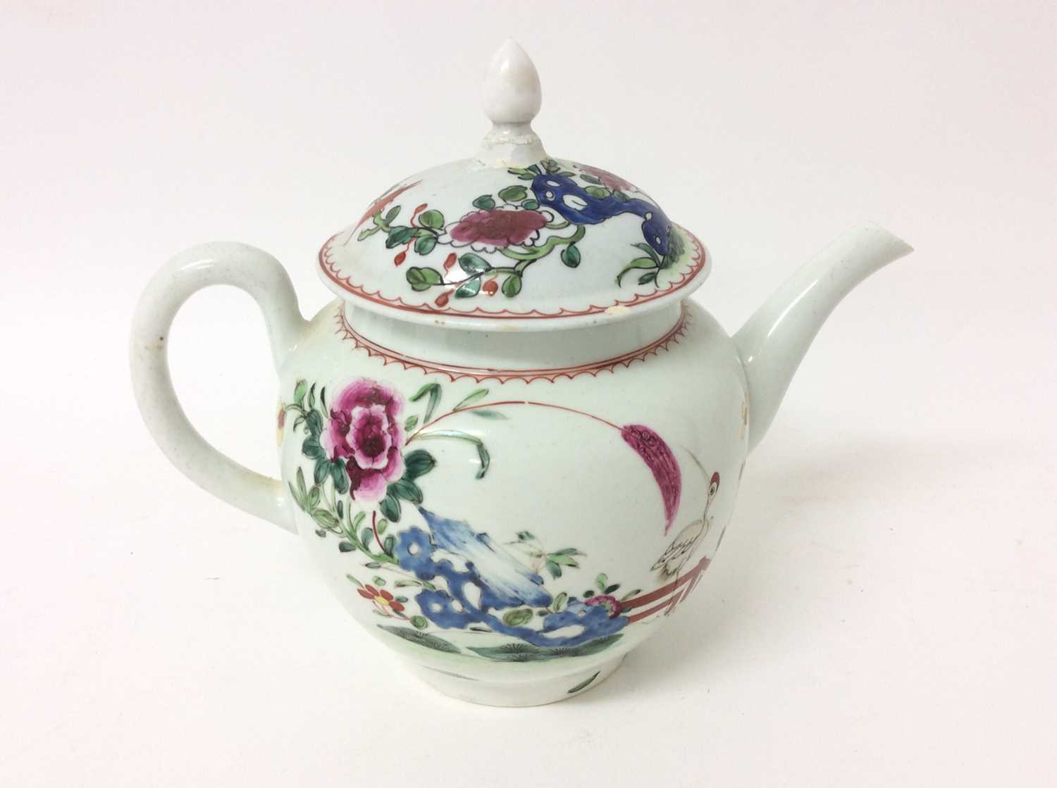 Liverpool teapot and cover, circa 1770, decorated in the famille rose style with a crane in a garden - Image 2 of 6