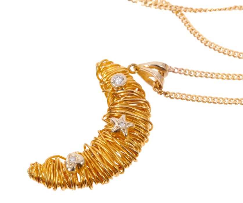 18ct gold and diamond crescent moon pendant with yellow gold wire crescent applied with diamond-set - Image 2 of 2