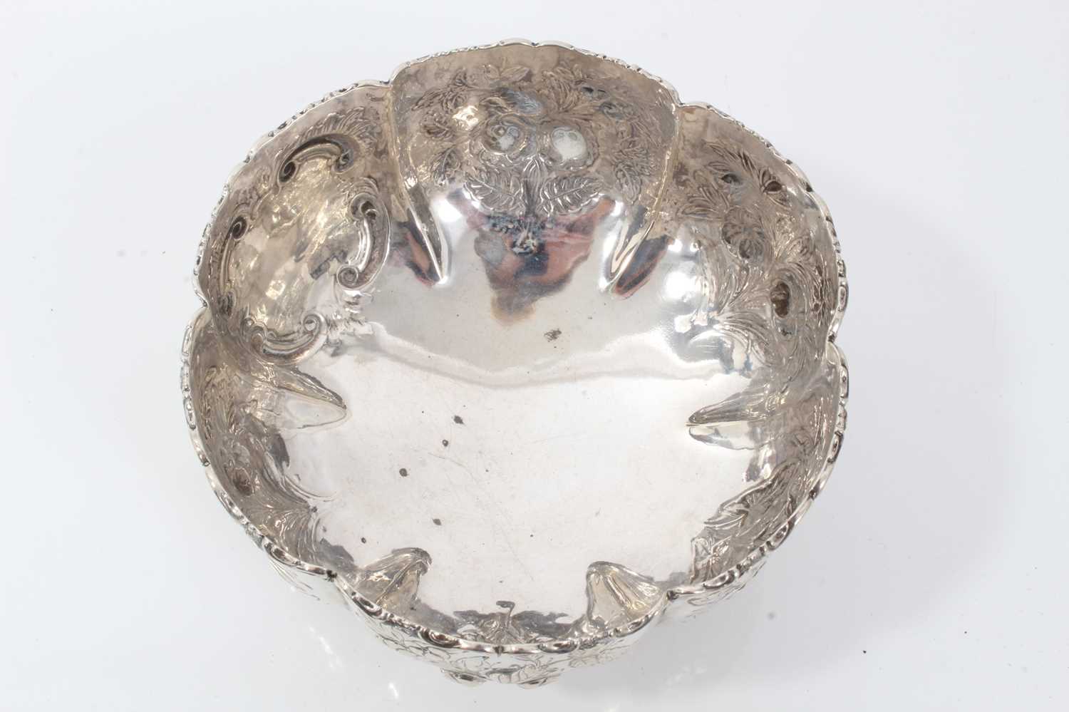 Victorian silver sugar bowl with embossed foliate panels, on scroll feet - Image 3 of 4