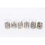 Set of six 19th century Dutch silver shot/tot glass holders, and five glasses.