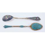 Imperial Russian silver gilt and cloisonné enamel spoons with teardrop bowl and twist stem, stamped
