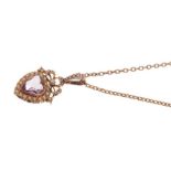 Edwardian 9ct gold amethyst and seed pearl heart shaped pendant on chain