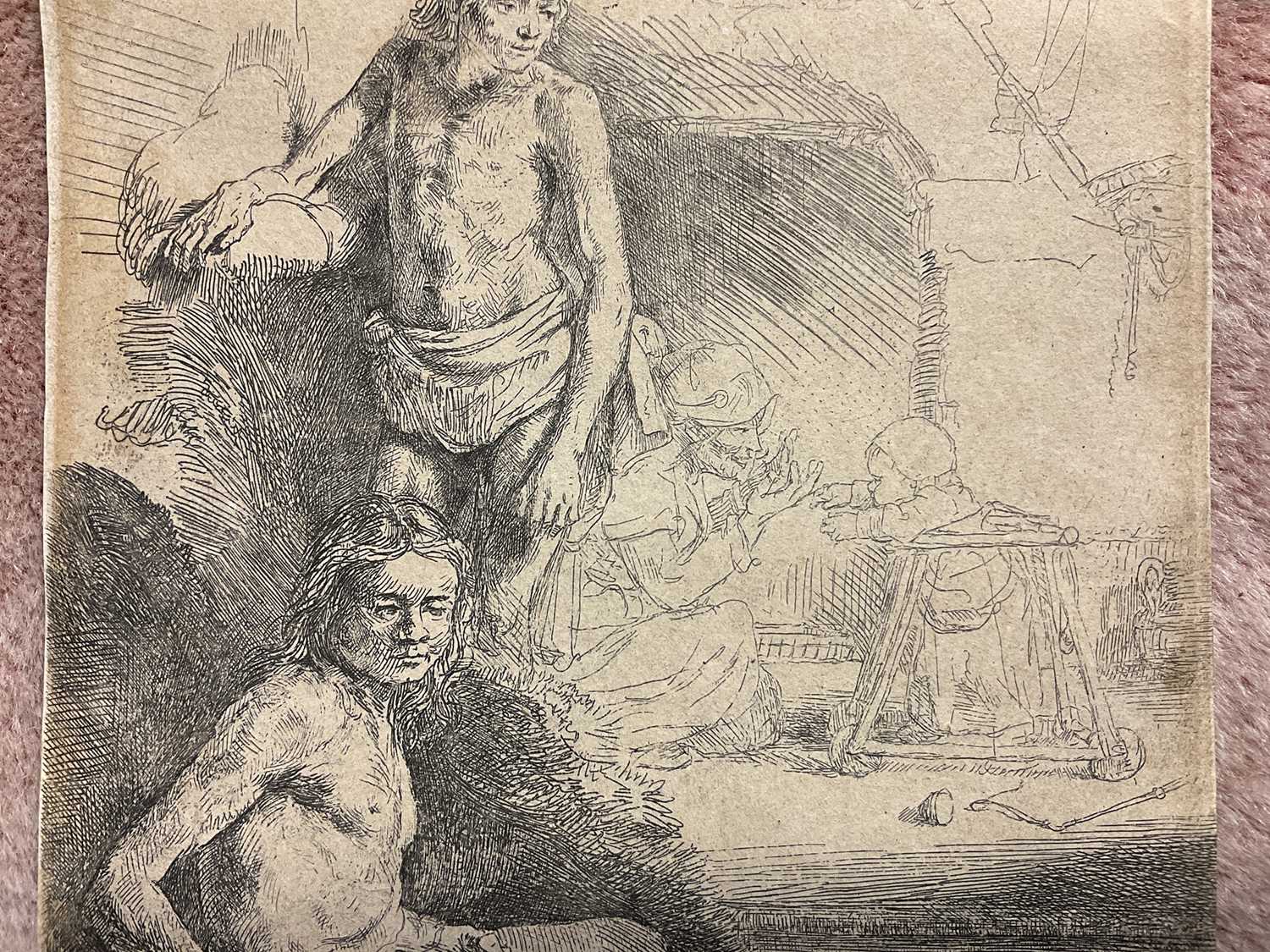 Rembrandt etching - two male nudes, a woman and baby in the background - Image 12 of 12