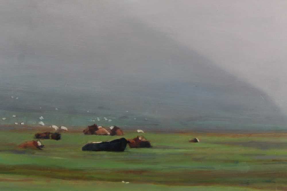 Nicky Brown, contemporary, oil on board, Cattle Grazing, initialled, in glazed frame - Image 8 of 9