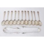 11 Victorian silver Old English Shell pattern teaspoons (London 1893) and two pairs sugar tongs