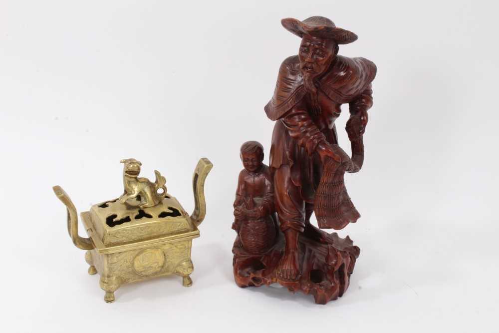 Chinese carved wooden figural group and lidded brass censor