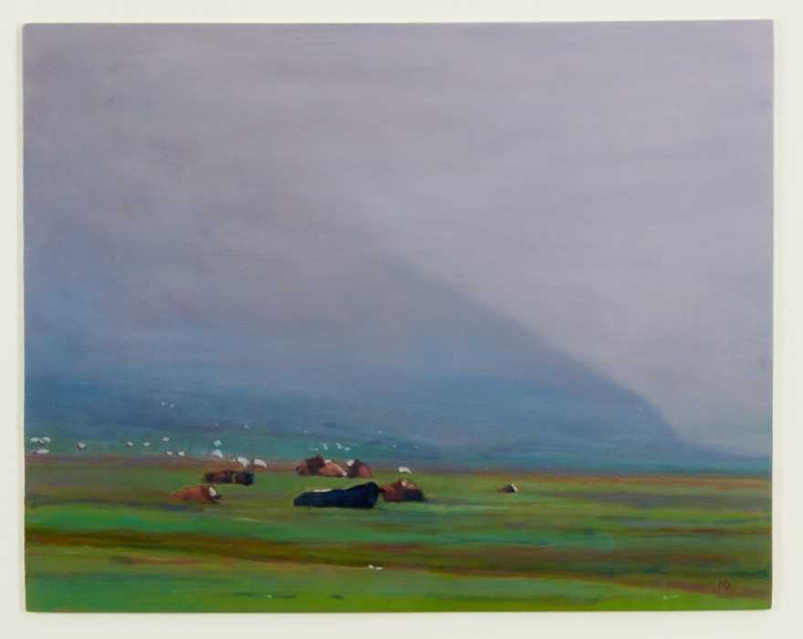 Nicky Brown, contemporary, oil on board, Cattle Grazing, initialled, in glazed frame