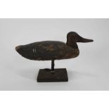 Wooden decoy duck raised on stand