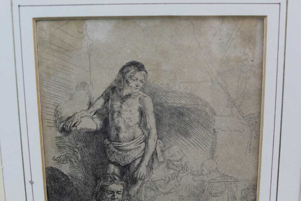 Rembrandt etching - two male nudes, a woman and baby in the background - Image 4 of 12