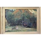 Pair of 19th century Continental school oils on canvas - figures and hay carts, depicting a child wi