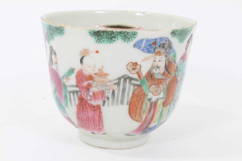 Chinese Qing porcelain 'trick cup' with famille rose figural decoration and flying bat, 8.7cm in dia - Image 4 of 6