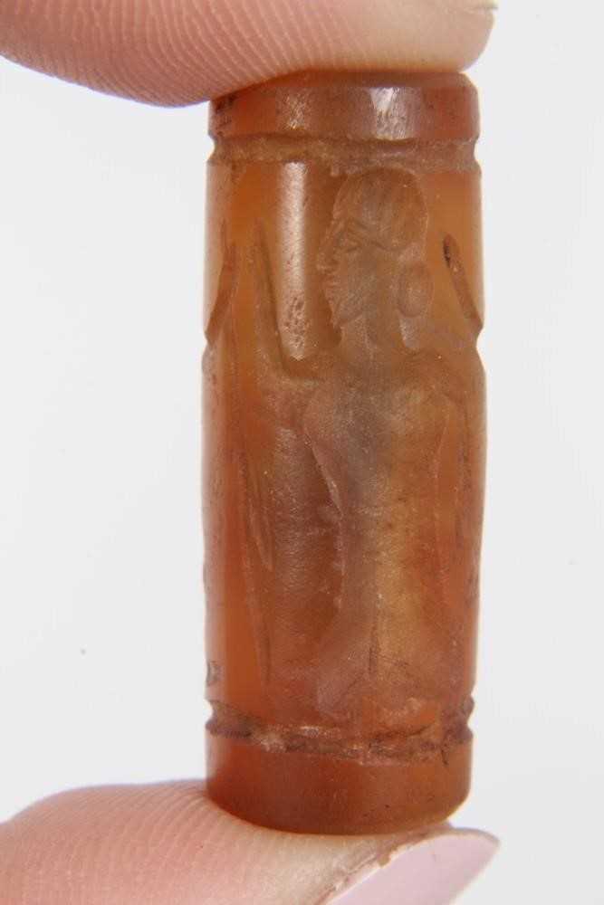 Ancient carved carnelian cylinder seal, Near Middle East, carved with figures, approximately 3.5cm l - Image 7 of 8