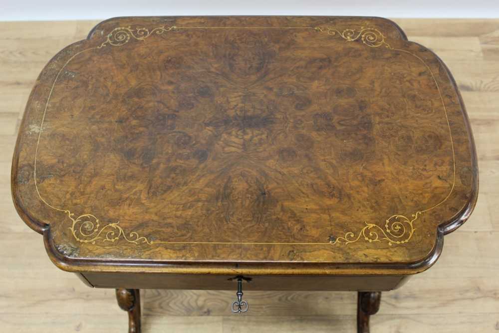 Victorian inlaid burr walnut veneered needlework table with quarter-veneered inlaid burr walnut top, - Image 3 of 7