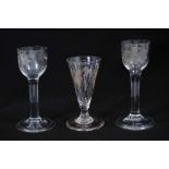Three Georgian wine glasses, with etched ogee, ovoid and trumpet bowls, between 12cm and 14.5cm high
