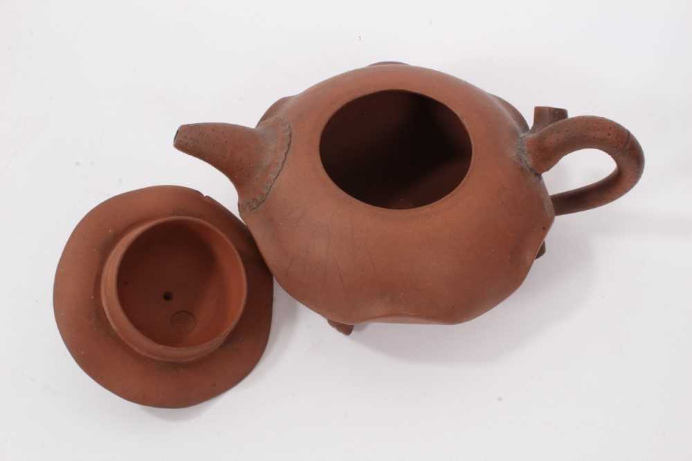 Two interesting Chinese terracotta teapots, one depicting lotus leaf with frog and snail - Image 5 of 16