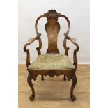 George I style walnut and inlaid crook arm elbow chair
