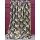 Two pairs of curtains with floral design on blue ground, approximately 307cm long x 74cm at the top