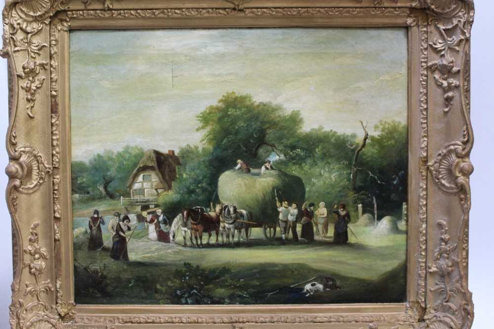 English School, 19th Century, A hay making scene with many villagers loading a horse drawn wagon,