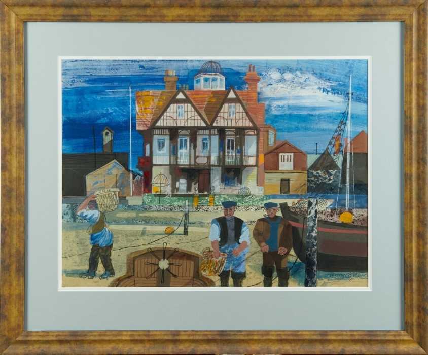 Henry Collins (1910-1994) collage and gouache - Brightlingsea Hard, signed, 40cm x 54cm
