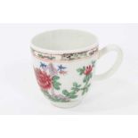 Bow coffee cup, circa 1752, decorated in the famille rose style with flowers and a patterned border,