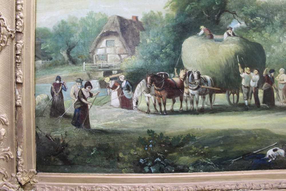 English School, 19th Century, A hay making scene with many villagers loading a horse drawn wagon, - Image 3 of 12