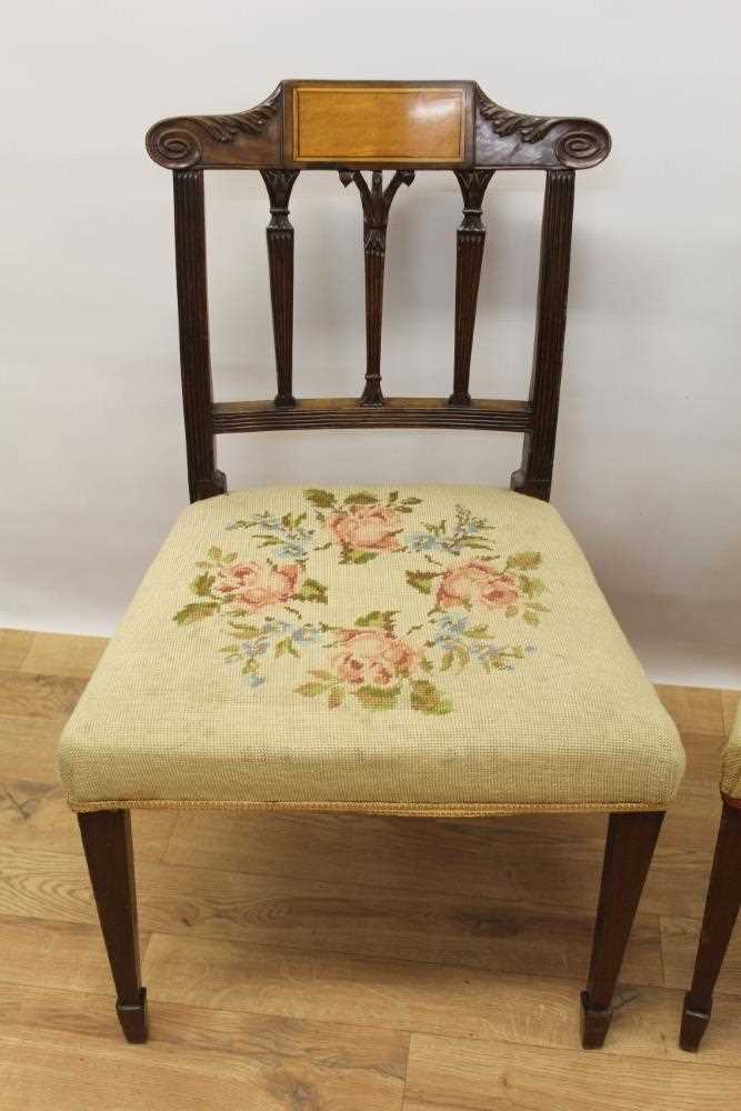 Pair of late 18th century Sheraton inlaid mahogany dining chairs, with shaped scroll top rail above - Image 2 of 5