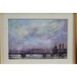 Roy Hammond (b.1934) watercolour - Cannon Street and St Paul's from the Thames, signed, in glazed gi