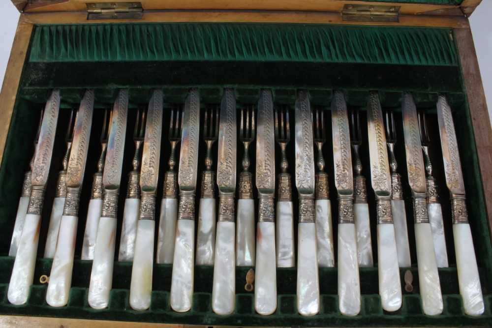 Victorian set of 12 pairs dessert knives and forks with 12 pairs fish eaters in a fitted case - Image 2 of 4