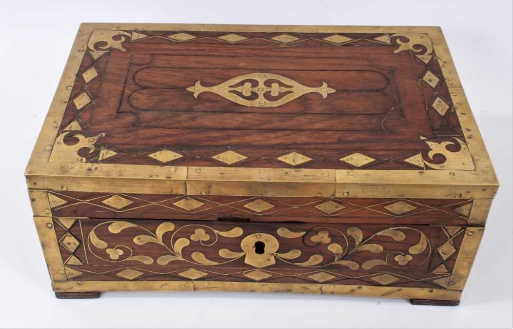 19th Century Anglo Indian brass bound teak writing / stationery box with ornate inlaid brass decorat