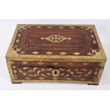 19th Century Anglo Indian brass bound teak writing / stationery box with ornate inlaid brass decorat