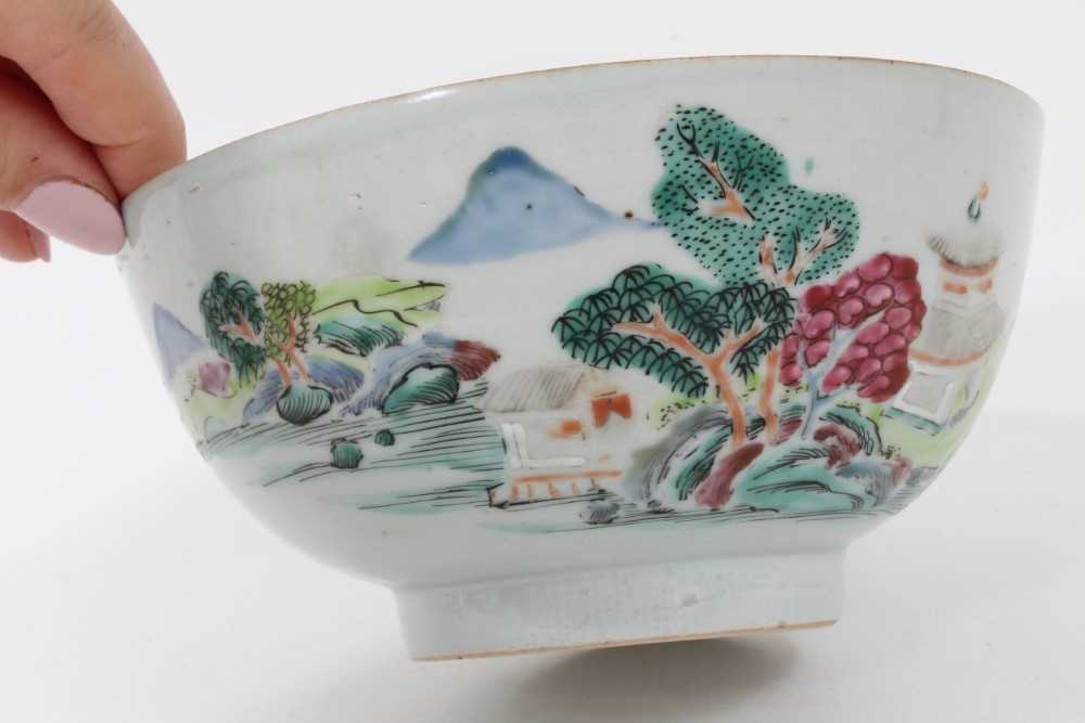 Chinese famille rose bowl and saucer, Qianlong period, the bowl decorated with landscape scenes, and - Image 2 of 10