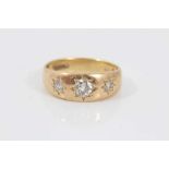 Victorian style 18ct diamond gypsy ring with three old cut diamonds in star shape gypsy setting. Est