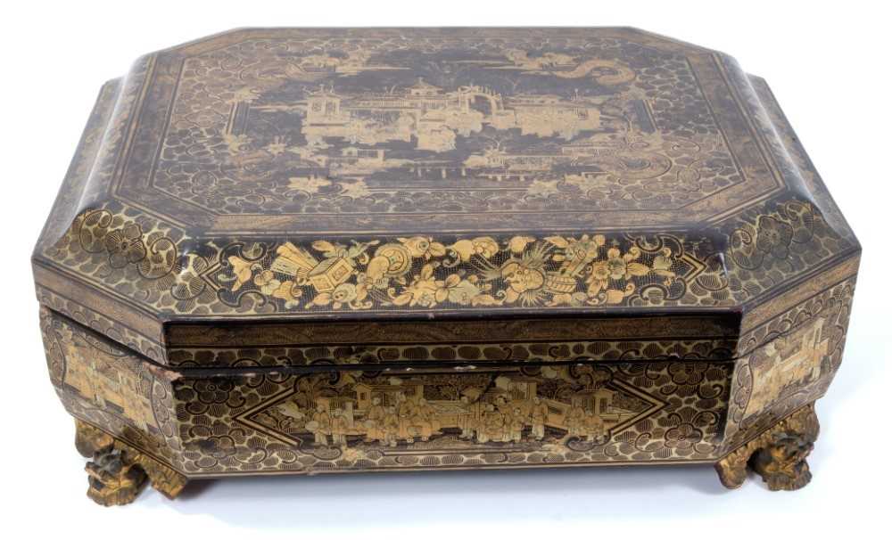 Early 19th century Chinese black lacquered box, mother-of-pearl gaming counters - Image 4 of 21