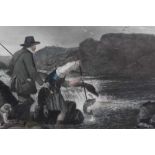 Richard Andsell, 19th century hand coloured engraving - Fishing, Gaffing a Salmon, 42cm x 68cm, in g