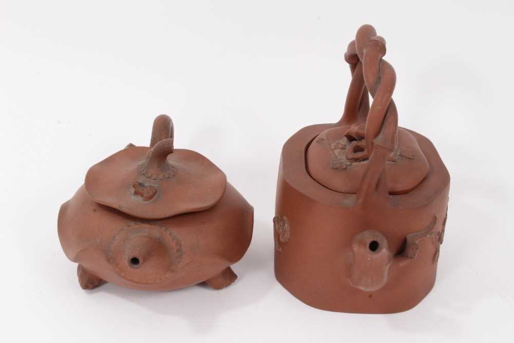 Two interesting Chinese terracotta teapots, one depicting lotus leaf with frog and snail - Image 2 of 16