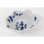Worcester blue and white leaf moulded butter boat, circa 1755, decorated with floral sprays, painter