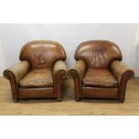 Pair of early 20th century brown leather upholstered club chairs