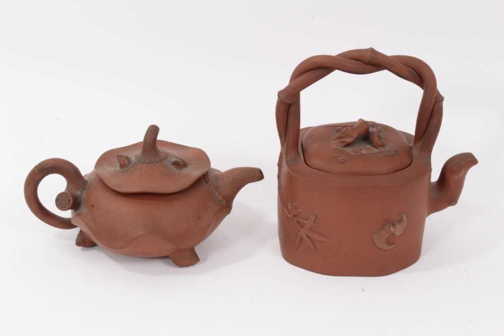 Two interesting Chinese terracotta teapots, one depicting lotus leaf with frog and snail - Image 3 of 16