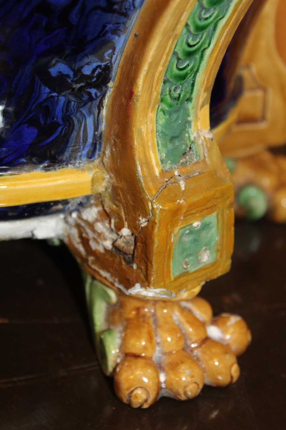 Large 19th century English majolica jardinière, decorated in relief with lion masks and paw feet on - Image 5 of 5