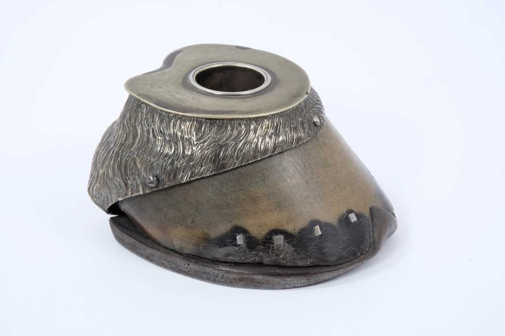 Late Victorian horse hoof inkwell with silver plated mounts