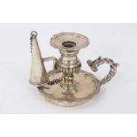 William IV silver inkstand chamber stick of campana form, with petal shaped tray
