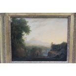 Circle of Richard Wilson, a late 18th century oil on panel, fisherman before a waterfall, in gilt fr