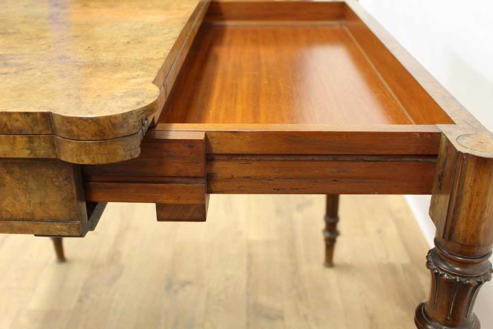 Rare Victorian burr walnut card table by Gillow & Co, rectangular fold over top with projecting angl - Image 9 of 10