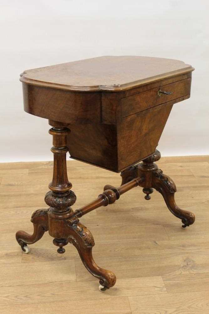 Victorian inlaid burr walnut veneered needlework table with quarter-veneered inlaid burr walnut top,