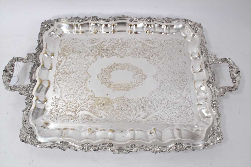 Old Sheffield plate tea tray (transitional period) on "German Metal" with filled stamped borders
